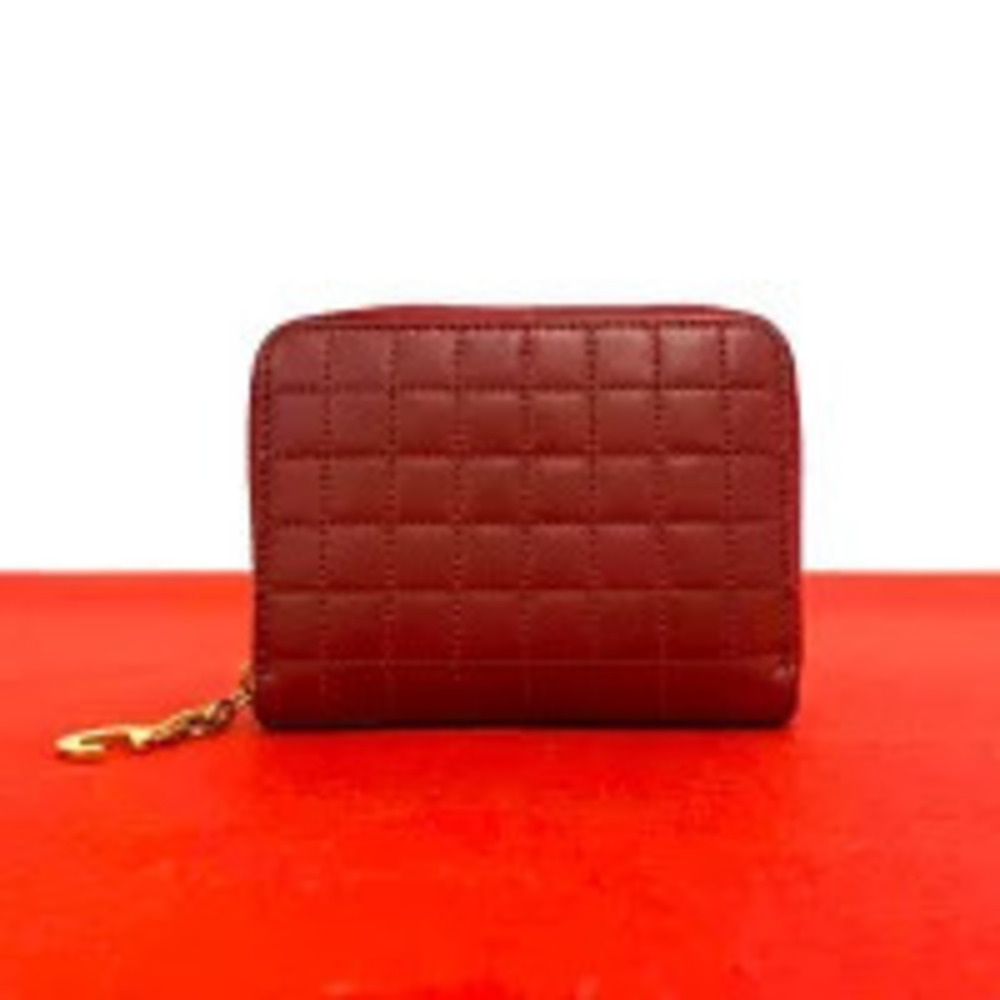 Celine Compact Zip Wallet Motif Quilted Leather Bifold Coin Wallet Red